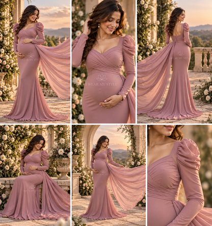 Blush Mauve Pink Maternity Dress with Ruffled Sleeves and Trail For Baby Shower And Shoots