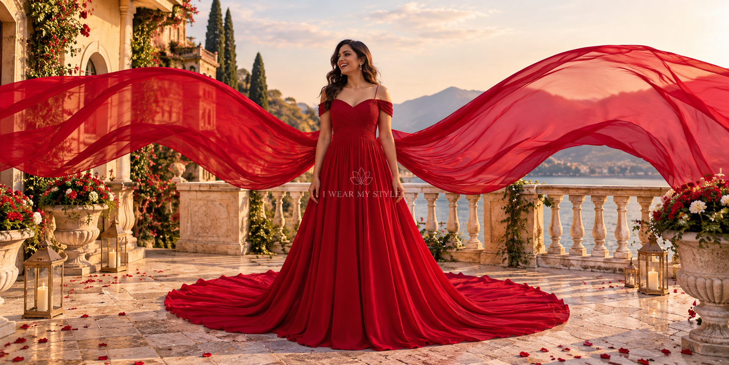 Cherry Red One Shoulder Rouge Trail Helicopter Three Way Prewedding Mega Trail Gown
