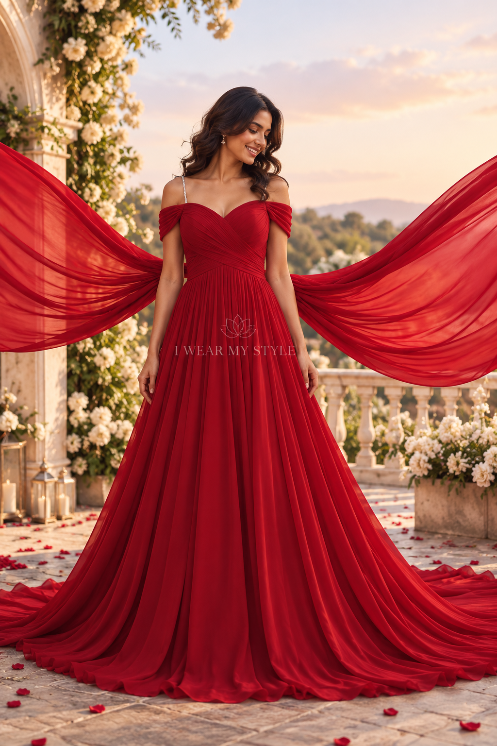 Cherry Red One Shoulder Rouge Trail Helicopter Three Way Prewedding Mega Trail Gown