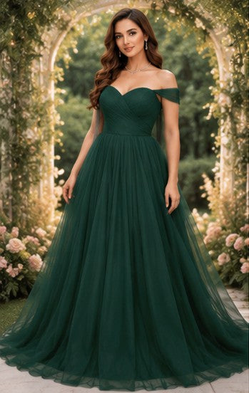 Emerald Green Off- Shoulder-Tulle Evening Gown