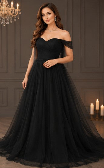 Black Elegance Off-Shoulder Tulle Gown