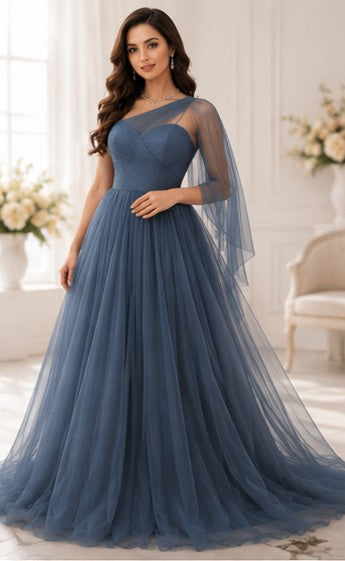 Dusky Blue One-Shoulder Tulle Evening Gown