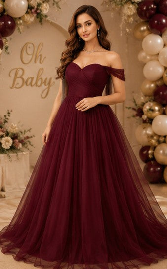 Burgundy Off-Shoulder Tulle Evening Gown