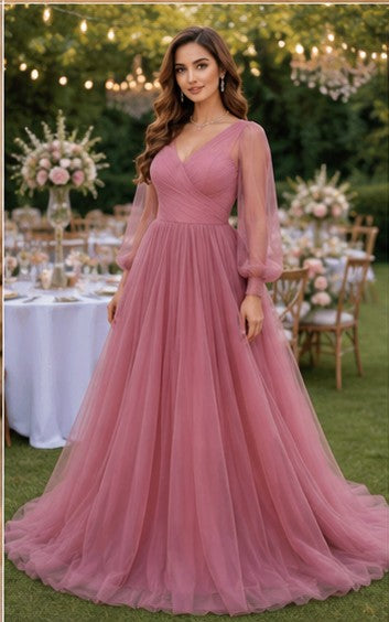 Dusty Rose Long Sleeve Tulle Evening Gown