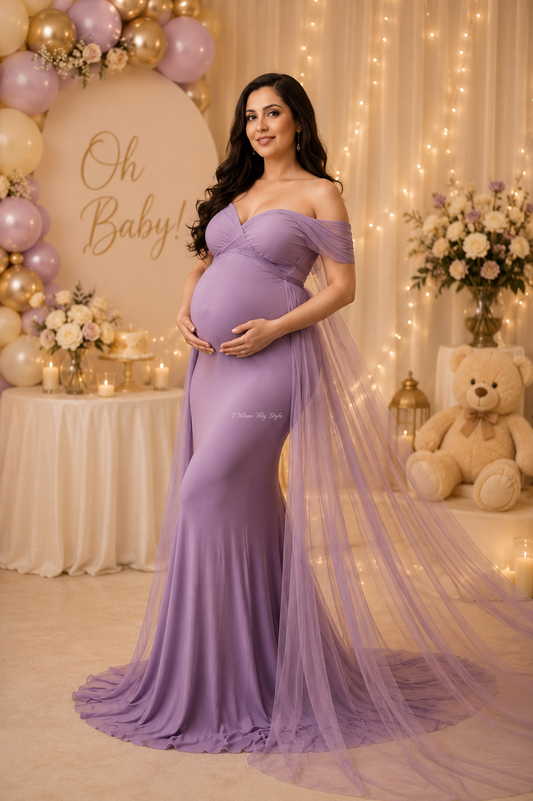 Lavender Off-Shoulder Maternity Gown with Sheer Trail