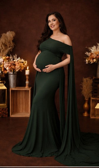 Emerald One-Shoulder Maternity Gown with Flowing Cape Trail