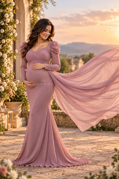 Blush Mauve Pink Maternity Dress with Ruffled Sleeves and Trail For Baby Shower And Shoots