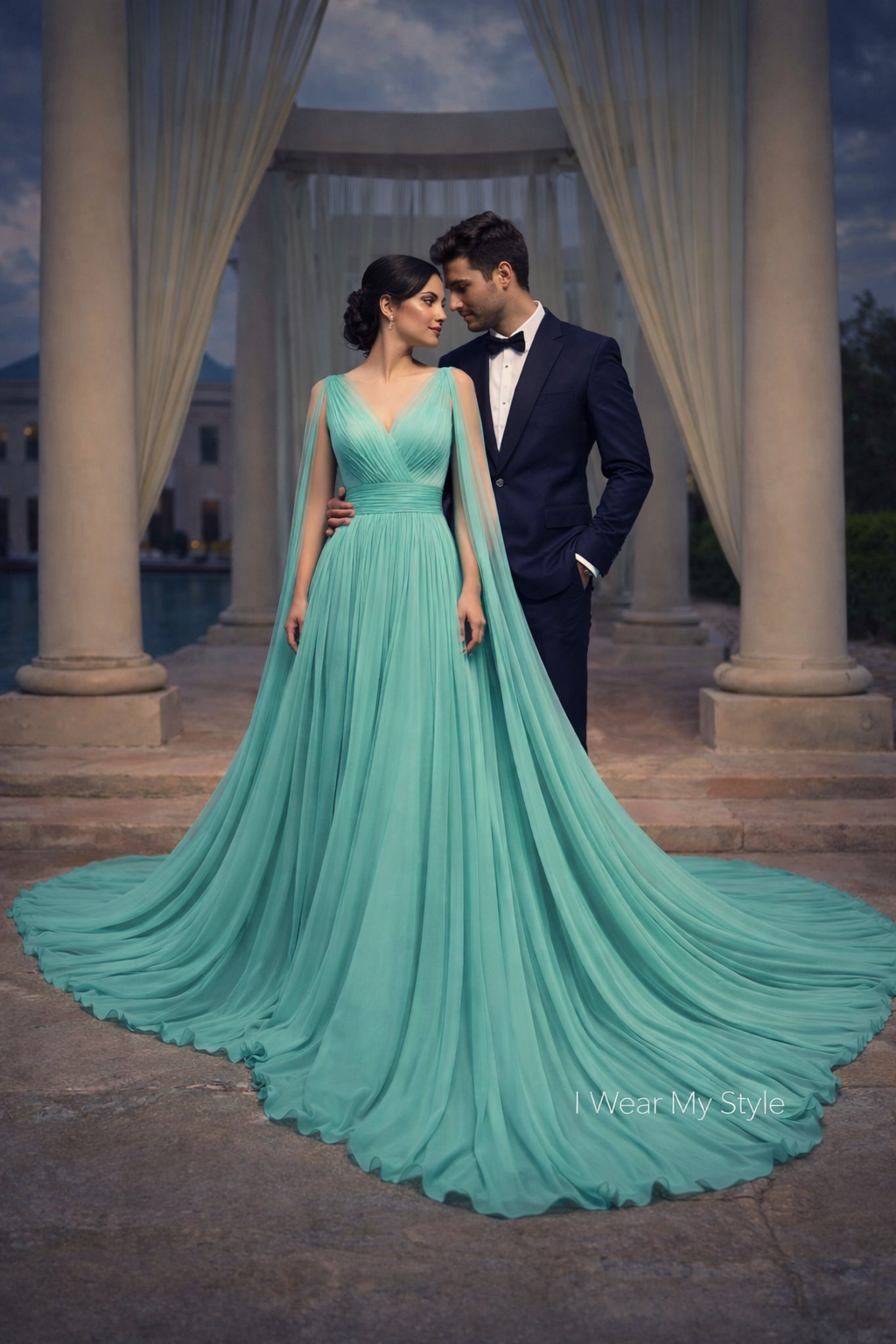 Turquoise Blue V Neck Princessa Prewedding Long Trail Dress