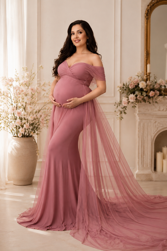 Mauve Pink Maternity Mermaid Gown with Net Trail