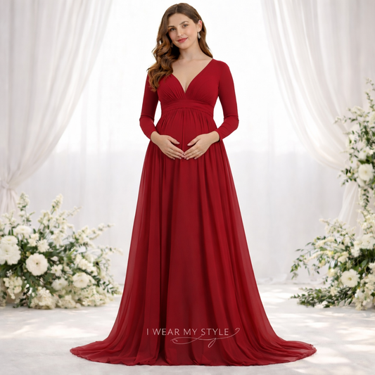 Cherry Red V Neck Full Sleeves Lycra and Georgette Baby Shower Dress