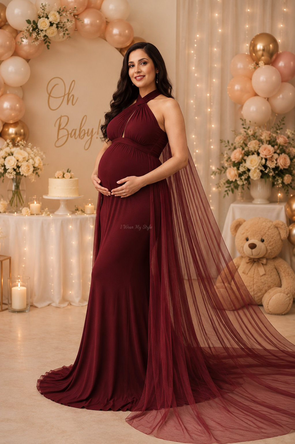 Burgundy Halter Neck Maternity Gown with Sheer Trail
