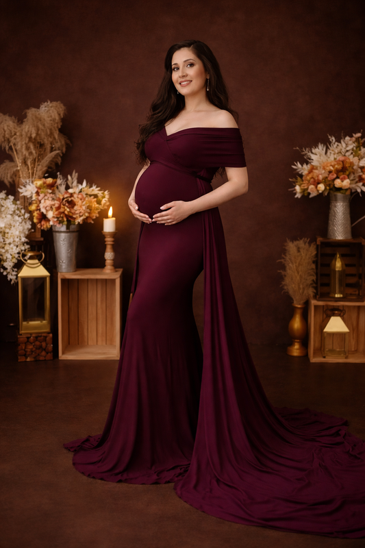 Wine Lycra Off Shoulder Maternity/Baby shower dress