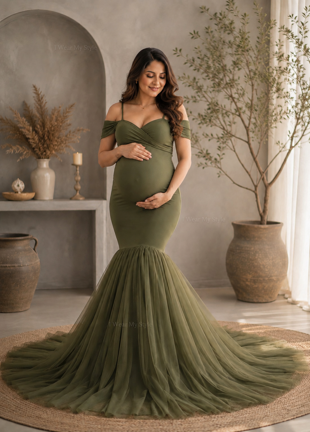 Olive Green Draped Mermaid Maternity Gown