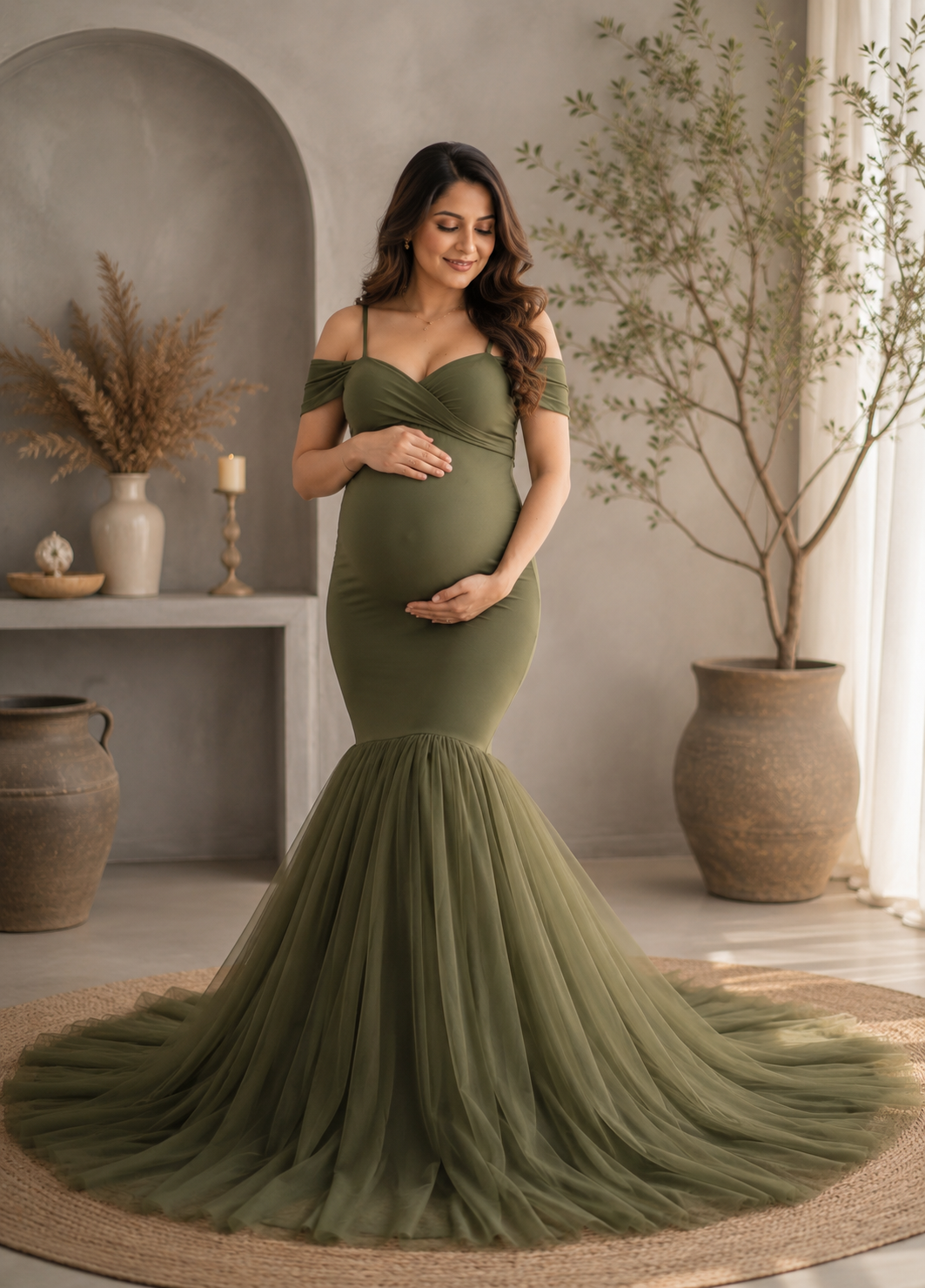 Olive Green Lycra and Net Maternity Photoshoot Dress