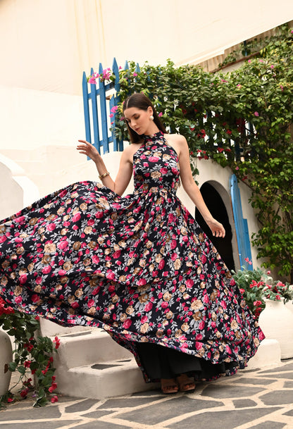 Colleen High Neck Floral Crepe All Occasion Maxi Dress