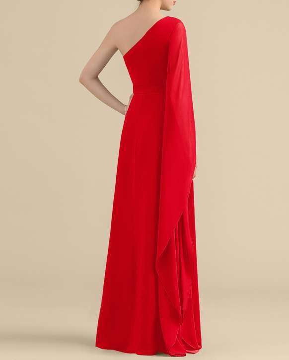 One-Shoulder Red One Sleeve Maxi Dress