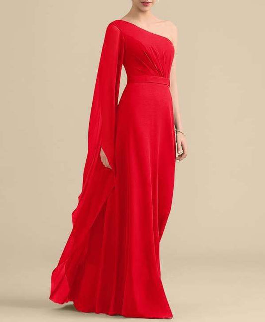 One-Shoulder Red One Sleeve Maxi Dress
