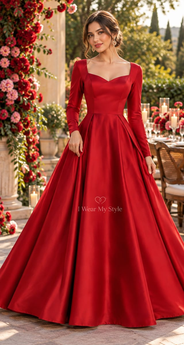 Red Satin Full Sleeves sweetheart neck Ball Gown Dress