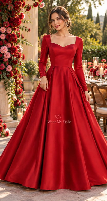 Red Satin Full Sleeves sweetheart neck Ball Gown Dress