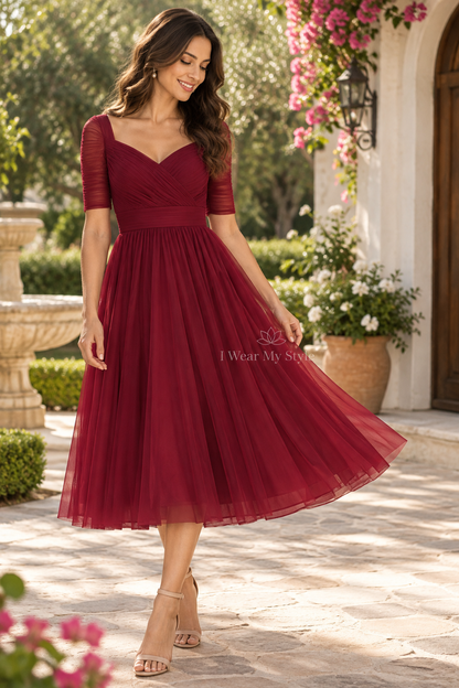 Maroon cross drape Erika Midi Dress for all Occasions