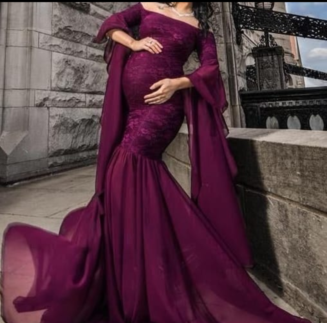 Burgundy Lace and Georgette Photoshoot Maternity Dress