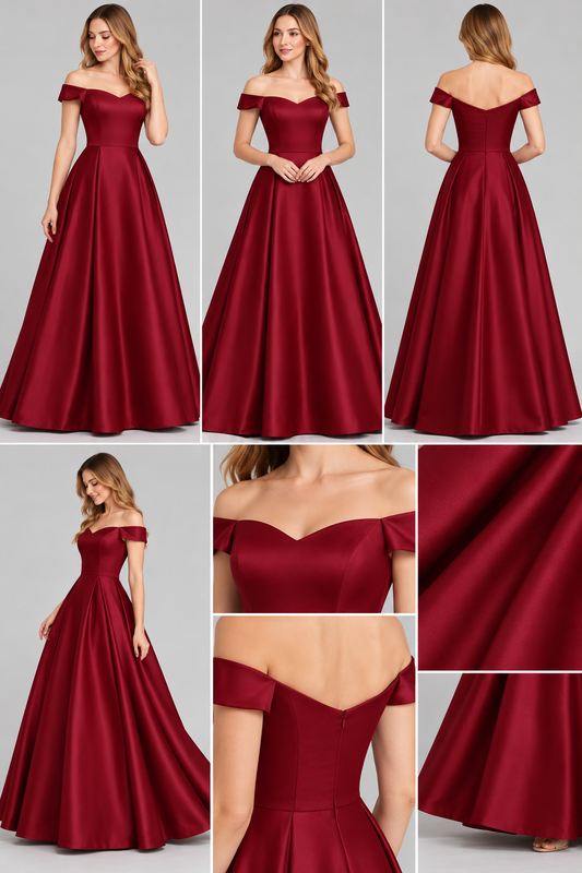 Maroon Off Shoulder Satin Ballgown (Exclusive IWMS Collection)