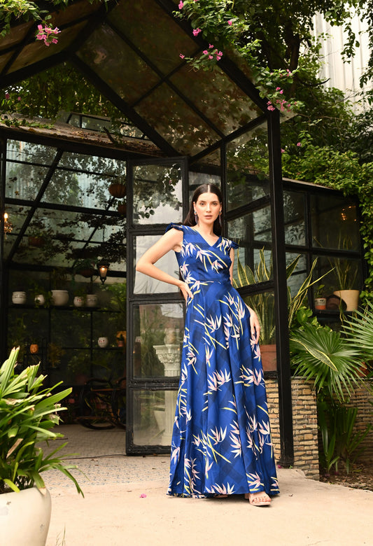 Iris Blue Floral Printed Crepe Maxi Dress