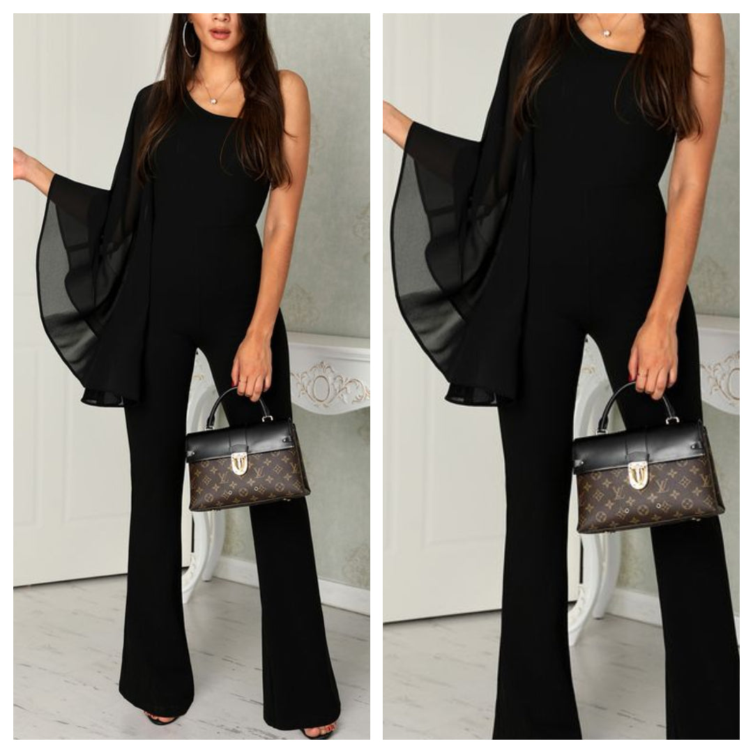 Black Bat Wing Flared Jumpsuit