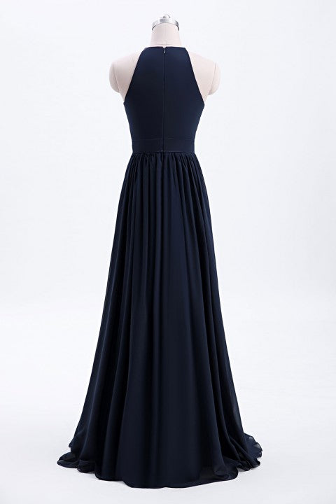 High Neck Halter Pleated Bodice Chiffon Bridesmaid Dress Long