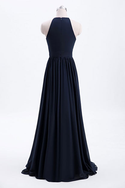 High Neck Halter Pleated Bodice Chiffon Bridesmaid Dress Long