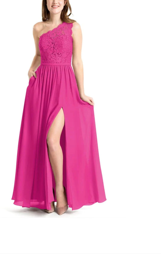 Hot Pink Lace One Shoulder Maxi Dress