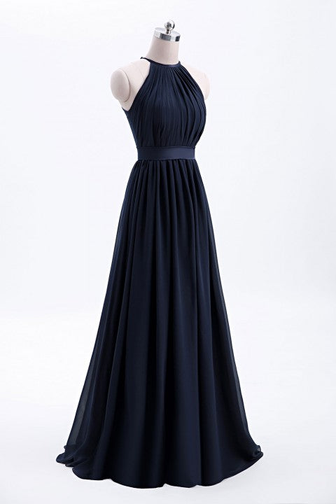 High Neck Halter Pleated Bodice Chiffon Bridesmaid Dress Long