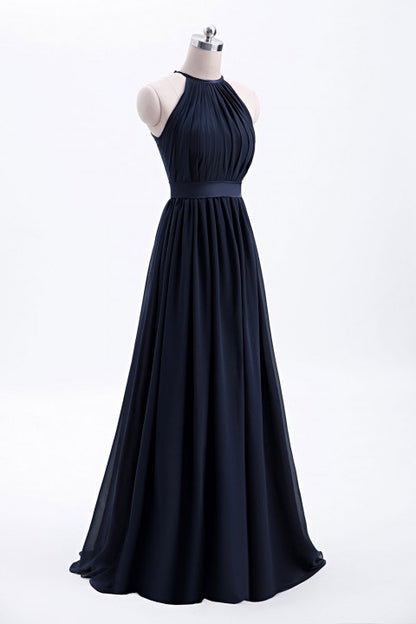 High Neck Halter Pleated Bodice Chiffon Bridesmaid Dress Long