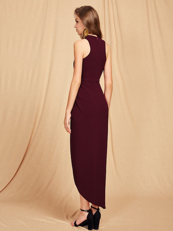 Cross Neck Maroon Asymmetrical Dress