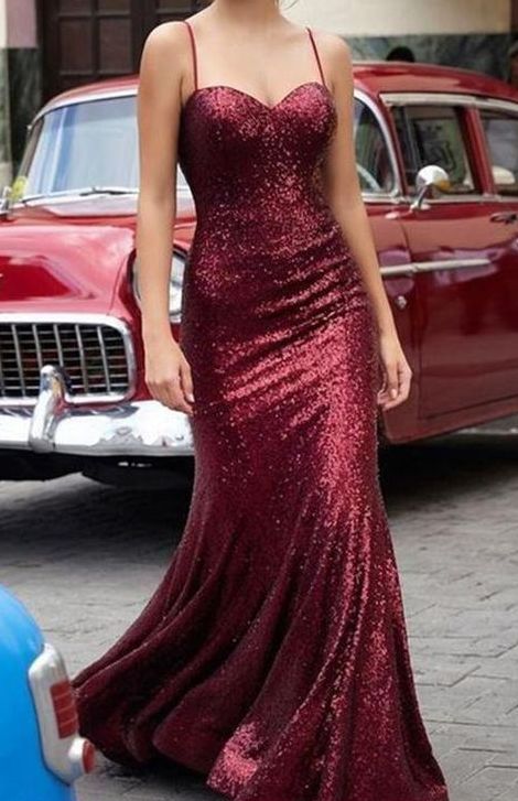 Maroon Sequins Spaghetti Strap Dress
