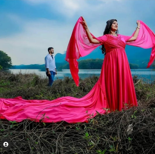 Hot Pink Wing Sleeves Mega Trail Gown