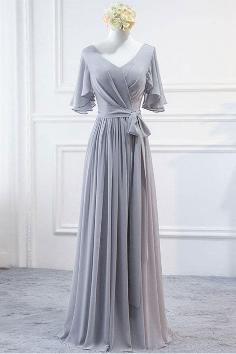 Flutter Sleeves V Neck Ruched Bridesmaid Dress with Belt