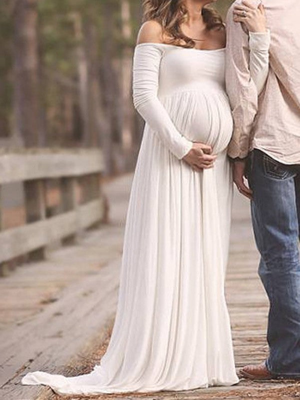 White Bandeau Pleated Boat Neck Off Shoulder Floor Length Maternity Maxi Dress