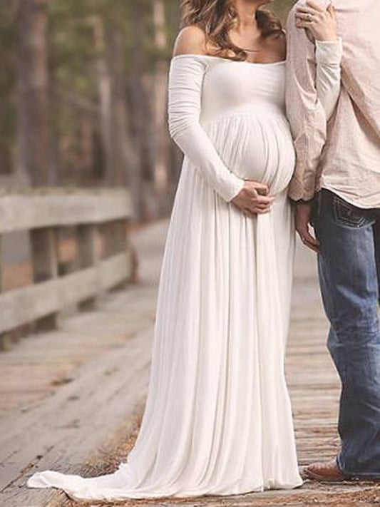 White Bandeau Pleated Boat Neck Off Shoulder Floor Length Maternity Maxi Dress