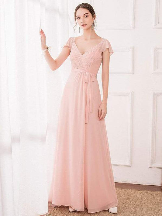 Women's Elegant A-Line Ruffles Sleeve Georgette Bridesmaid Dress
