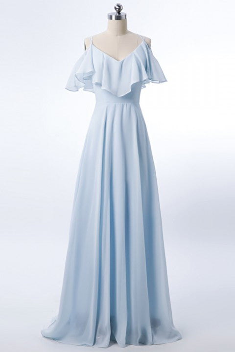 Double Spaghetti Straps V Neck Georgette Bridesmaid Dress with Flouncing Top