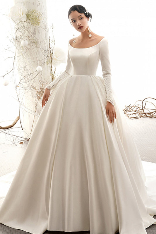 Scoop Neck Lace Long Sleeve Tied Back Satin Wedding Dress with Trail