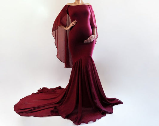 GLORIA Maternity Dress Fitted Maxi Dress with Cape