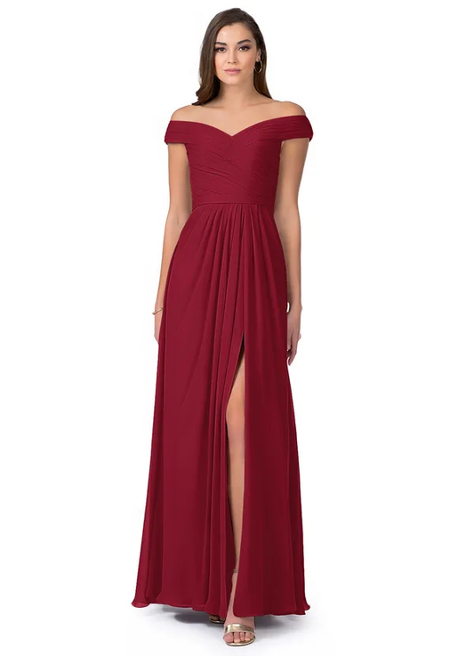 Maroon off shoulder Maxi Dress with slit