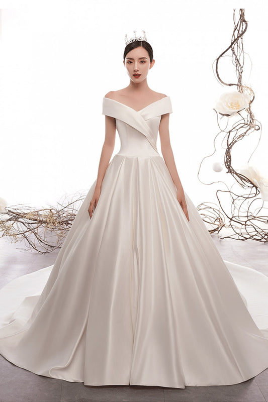 Off Shoulder Corsage Back Vintage Satin Wedding Dress with Trail