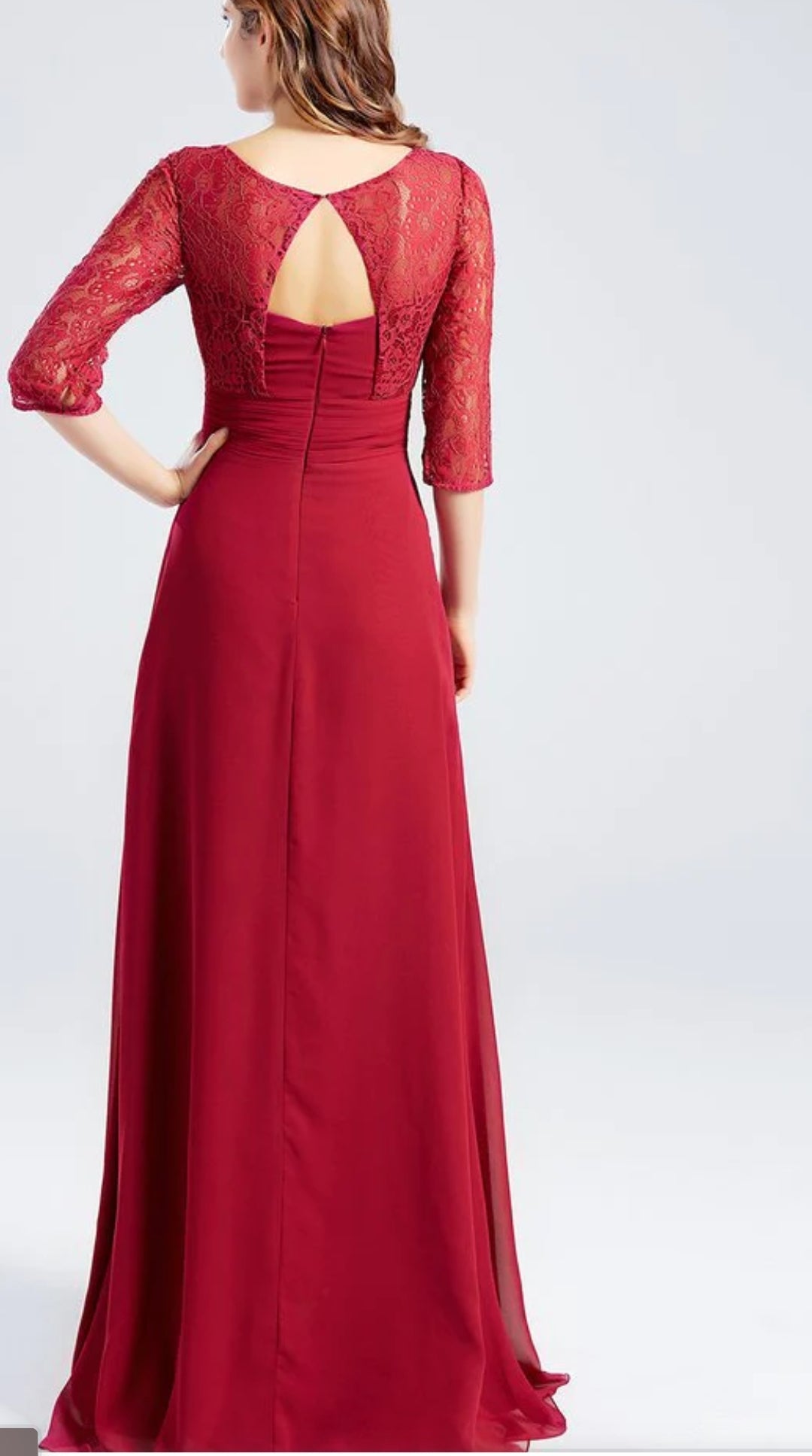 Maroon Red V Neck Dress with Lace Sleeves