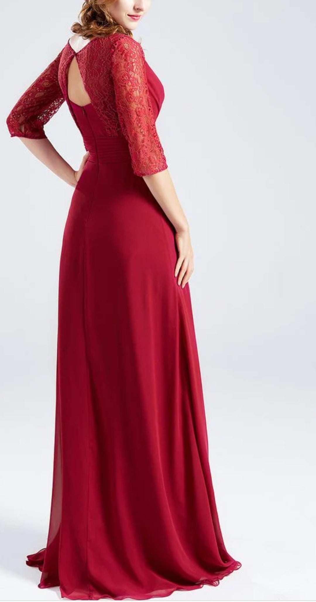 Maroon Red V Neck Dress with Lace Sleeves