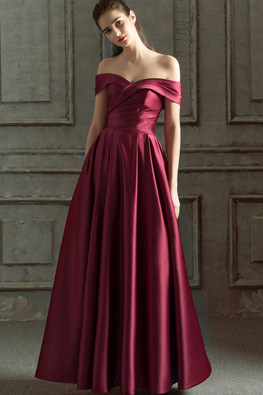 Off Shoulder Ruched Corset Back A-Line Satin Wedding Prom Dress