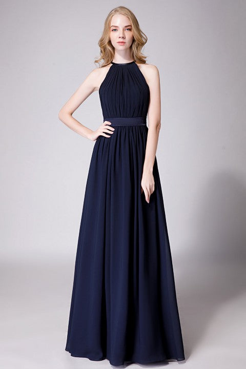 High Neck Halter Pleated Bodice Chiffon Bridesmaid Dress Long