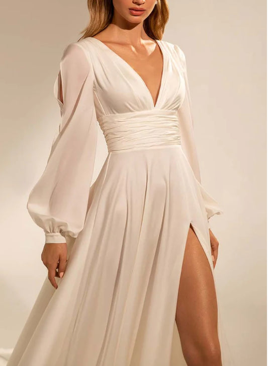 Off White Plunge Deep Slit Maxi Dress with Trail